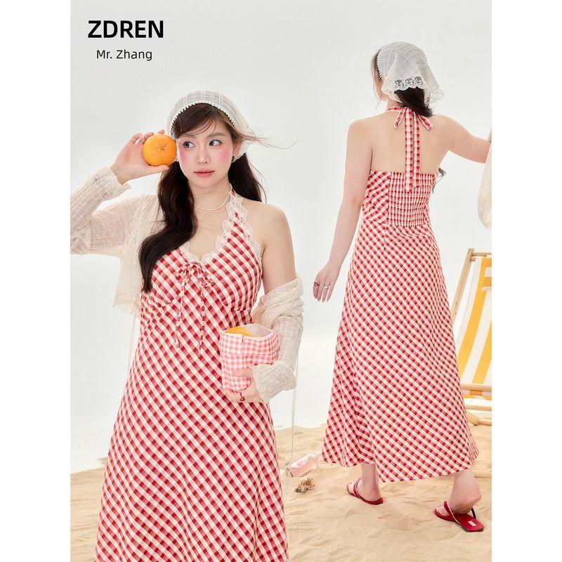Zhang Daren's Summer Plus-Size Women's Clothing for Chubby Girls, Slimming Dress, French-Style Chic Vacation Style Plaid Halter Dress