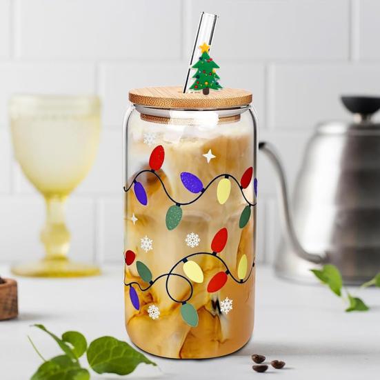 Color Changing Christmas Glass Cup with Lid Straw Brush Reusable Glass Iced Coffee Cup