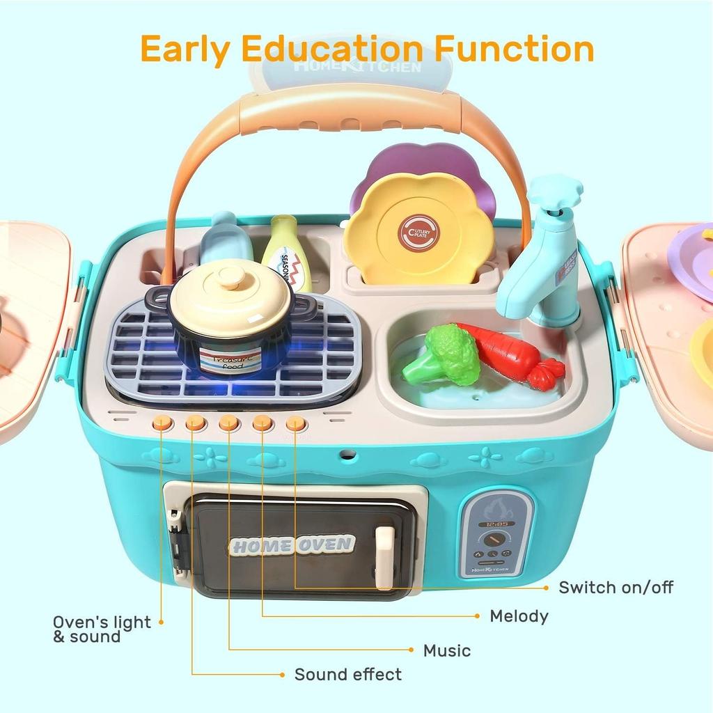 Kids Picnic Kitchen Playset Portable Pinic Basket with Musics & Lights Play Foods Sink Pretend Play Oven Toys for Boys and Girls