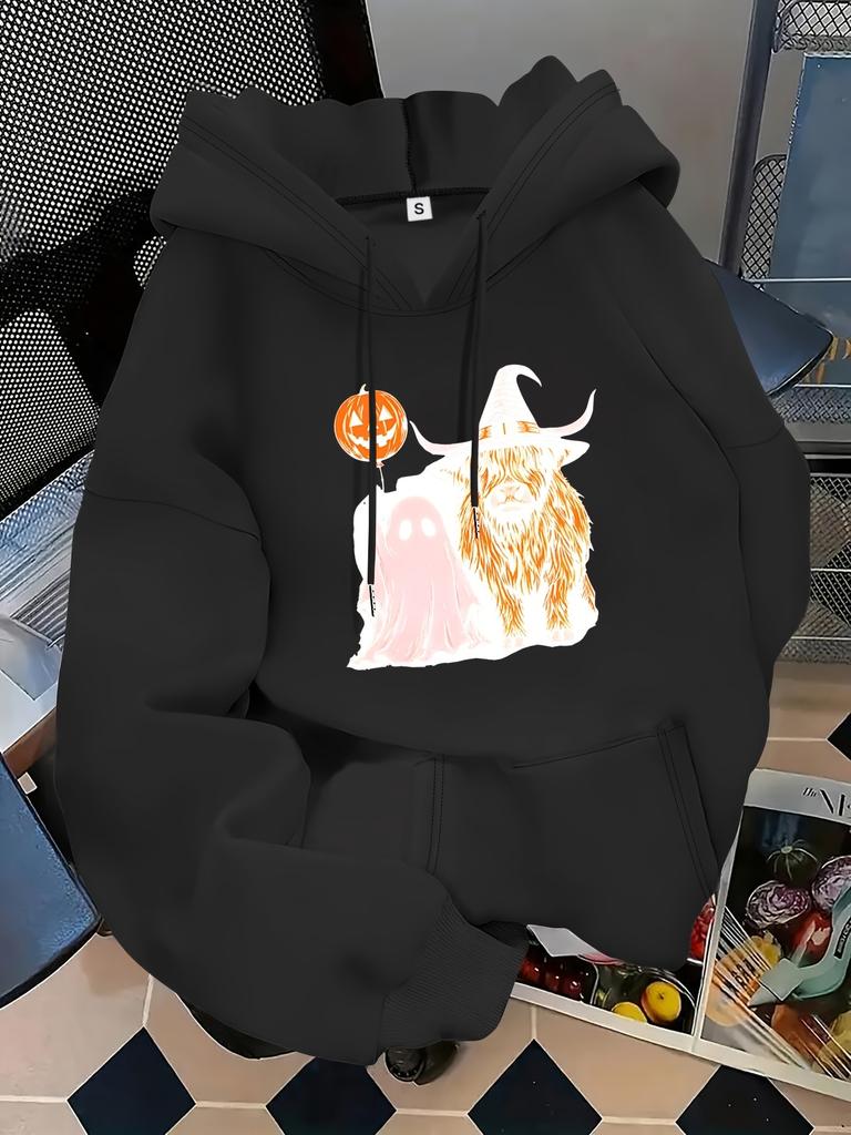 Unisex Fall Autumn Halloween Cute Ghost Pumpkin Lantern Print Kangaroo Pocket Graphic Hoodie Hooded Sweatshirt Printed Casual Top