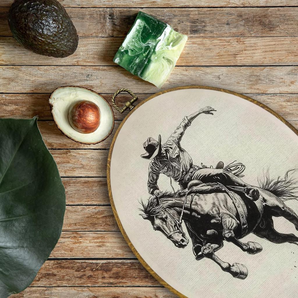 QZQE Vintage Western Cowboy Oval Wall Art Decor Framed, Rustic Country Cowboy Rodeo Oval Canvas Prints, Retro Western Horse Wall Hanging Decor for