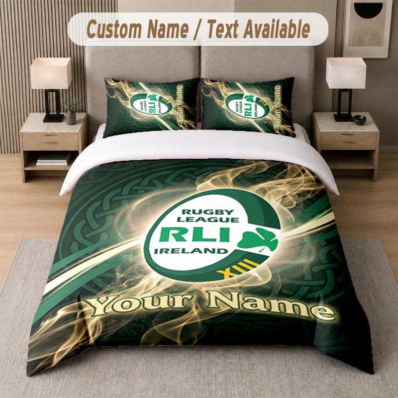 Custom Bedding Set Ireland Rugby Pattern, Print Name Text 1 Duvet Cover plus 2 Pillowcases Home Textile