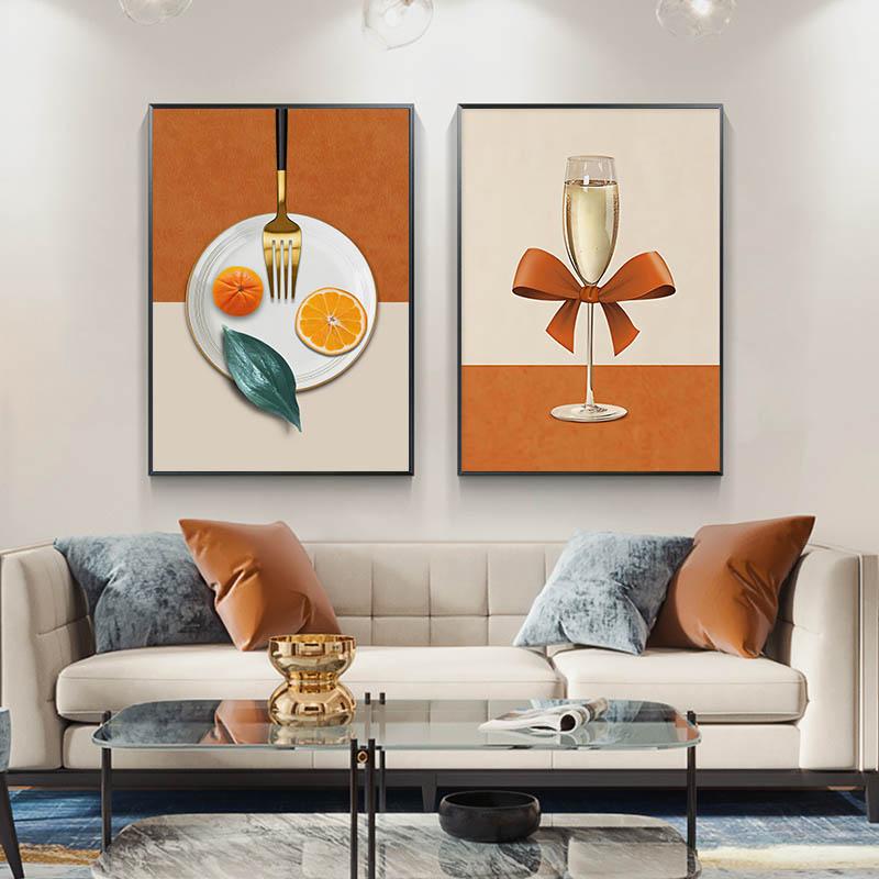 Абстрактное стекло для вина, оранжевая вилка, тарелка с бантом, посуда для ресторана, холст, картина для гостиной, украшение ресторана, без рамки