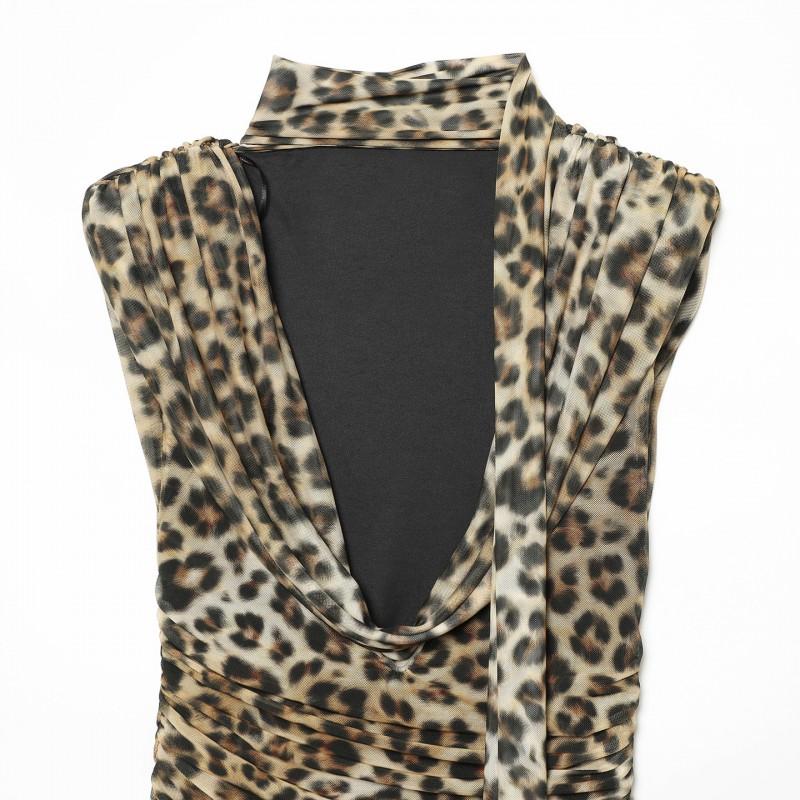 Animal Print Scarf Decorated Mini Dress Loose Fit V-Neck Sleeveless A-Line Daily Wear