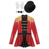 Womens Sequin Circus Ringmaster Bodysuit Top Hat Bow Fake Collar and White Gloves 4-Piece Set for Halloween Magician Party