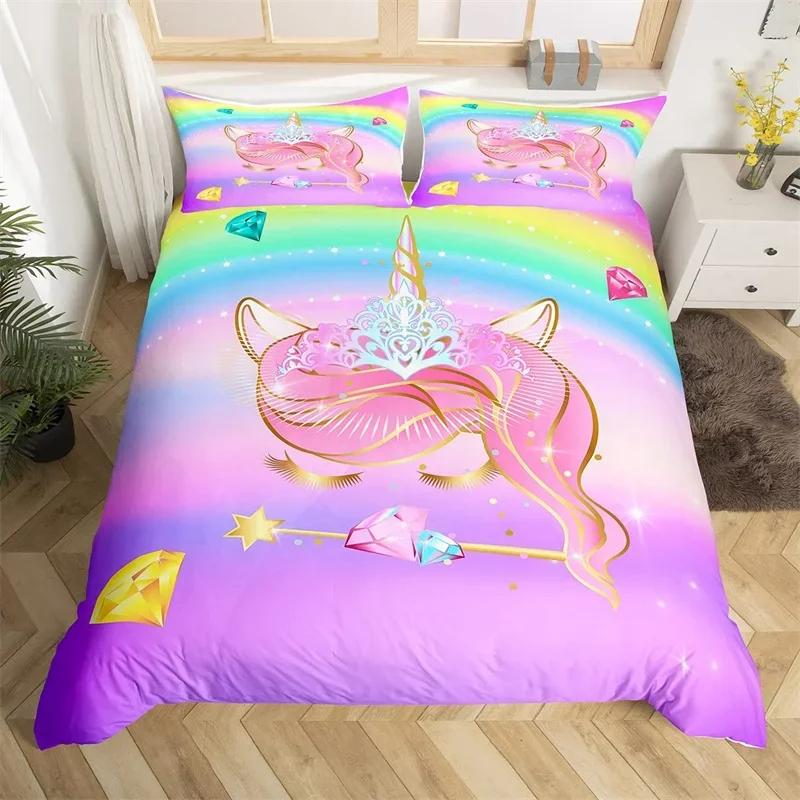 Cartoon Unicorn Duvet Cover Set Smile Eyelash King Bedding Set For Girls Woman Microfiber Mermaid Scale Floral Comforter Cover