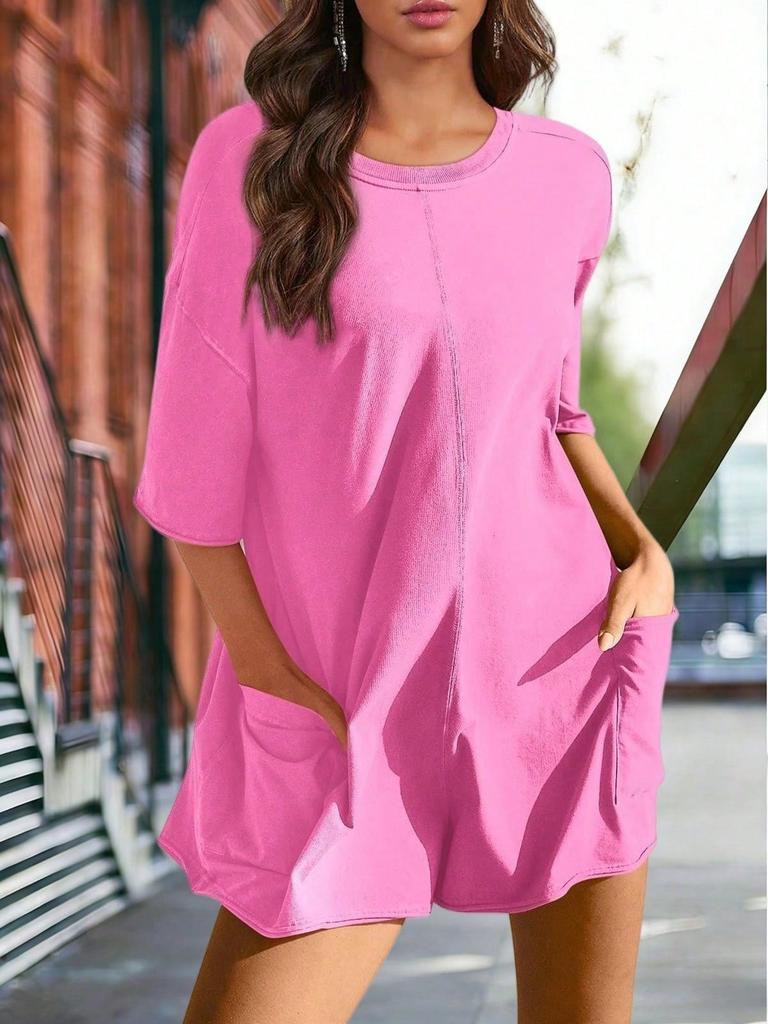Women's Athletic Romper Short Sleeve Oversized Summer Jumpsuit with Pockets