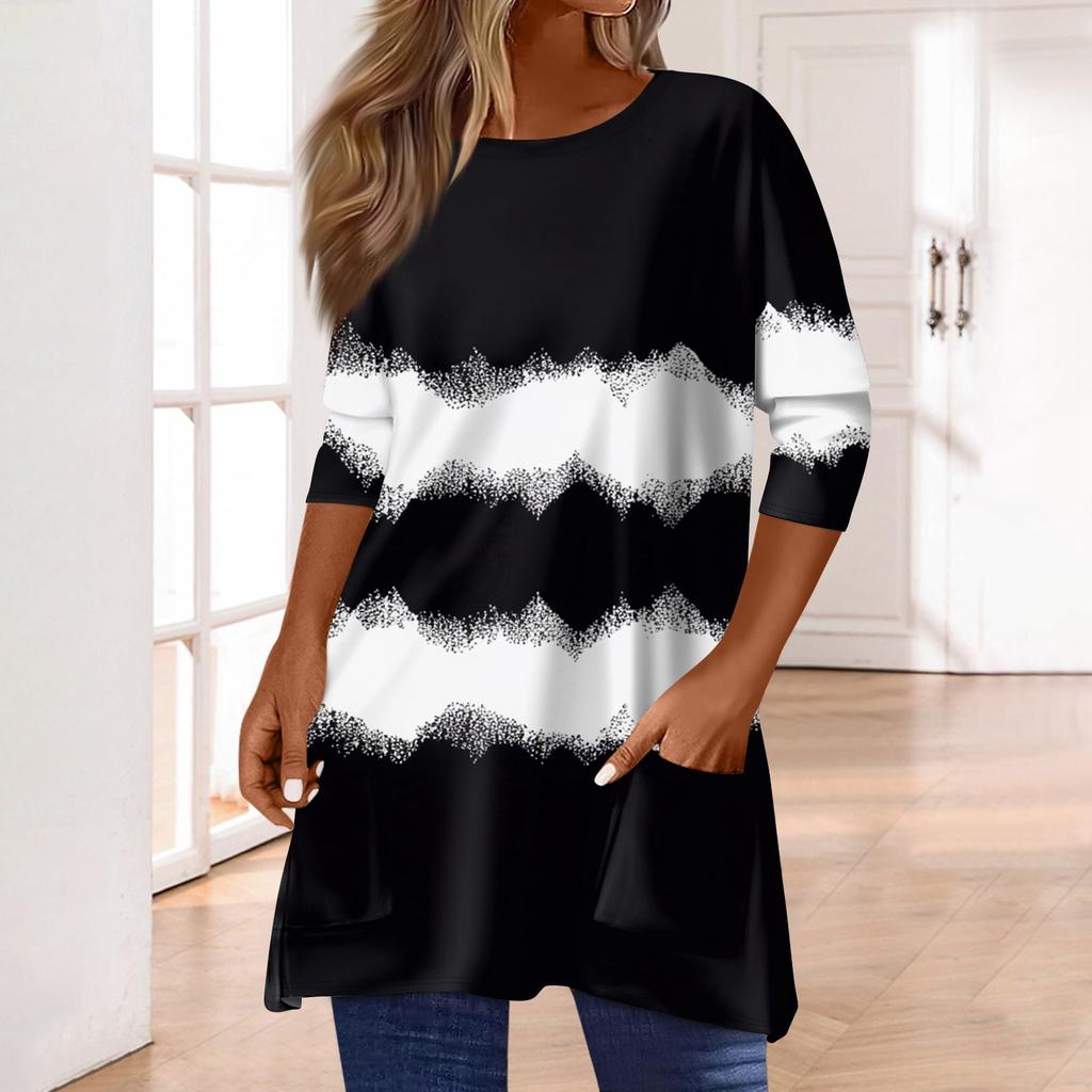 3/4 рукава кармана топы для женщин футболка повседневный принт средней длины топы футболка круглый вырез пуловер блузка