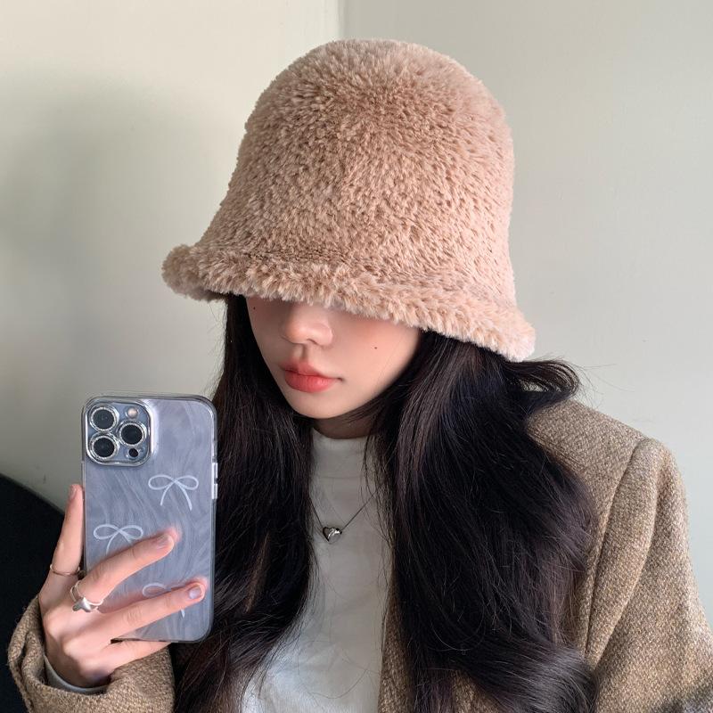 New Fuzzy Niche Bucket Hat Women'S Winter Outdoor Travel Warm Solid Color Basin Hat Tide