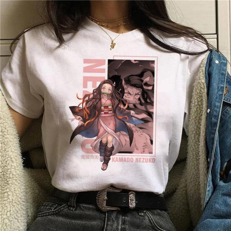Японская аниме-футболка Demon Slayer Oversize Женская одежда Nezuko Kawaii Футболки Tanjirou O-Neck Graphic Женская футболка Manga Tops