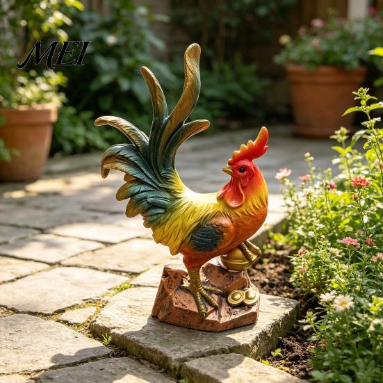 Resin Animal Figurine Rooster Statue, Auspicious Ornament, Farmhouse Chicken Decor Sculpture for Home Indoor Tabletop Garden Courtyard Ornament