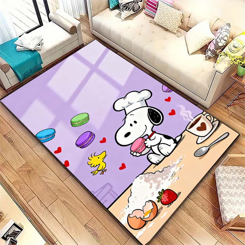 Cute Snoopy print decorative rug, perfect for home, bedroom, bedside, or office use, including swivel chairs.