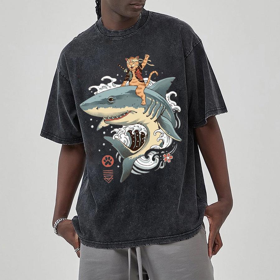 Женская футболка в японском стиле с рисунком акулы и потертым рисунком, стираная джинсовая ткань, свободный унисекс, короткий рукав, милый топ отаку