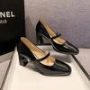 2024 New Pointed Toe Shallow Mouth Square Heel Small Leather Shoes Women's Elegant Fashion High Heels Dress Shoes Zapatos Mujer