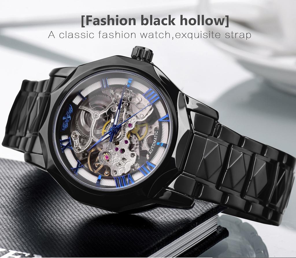 Полигональные мужские механические часы Fashiona Hollowed Out Automatic Watch из нержавеющей стали Skeleton Wristwatches Gold Color Relojes