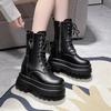 Fashion 9.5CM Women Autumn Mid-calf Boots Heels High Platform Motorcycle Boots Leather Chunky Shoes Woman Thick Bottom Short Punk Boots