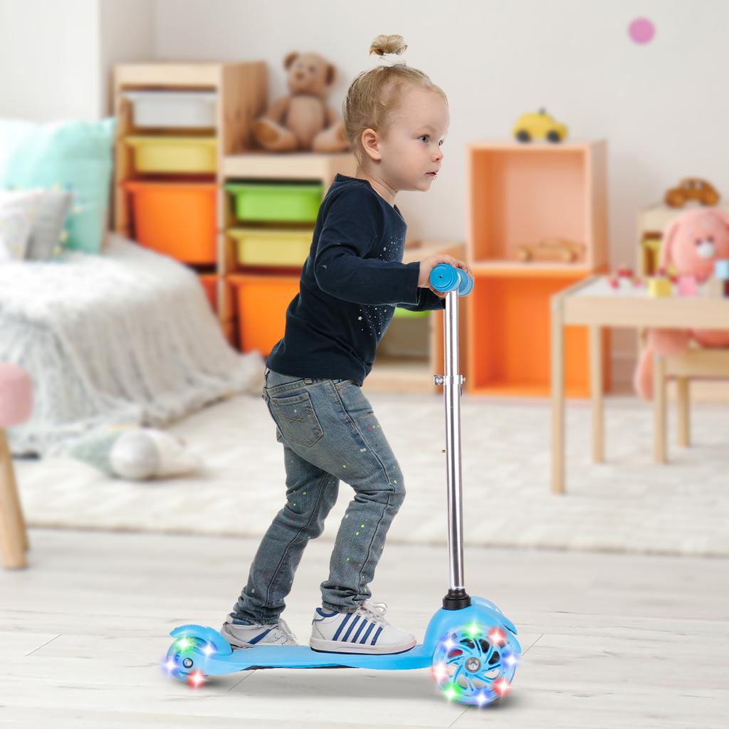 Adjustable Three-Wheel LED Scooter in Blue for Kids