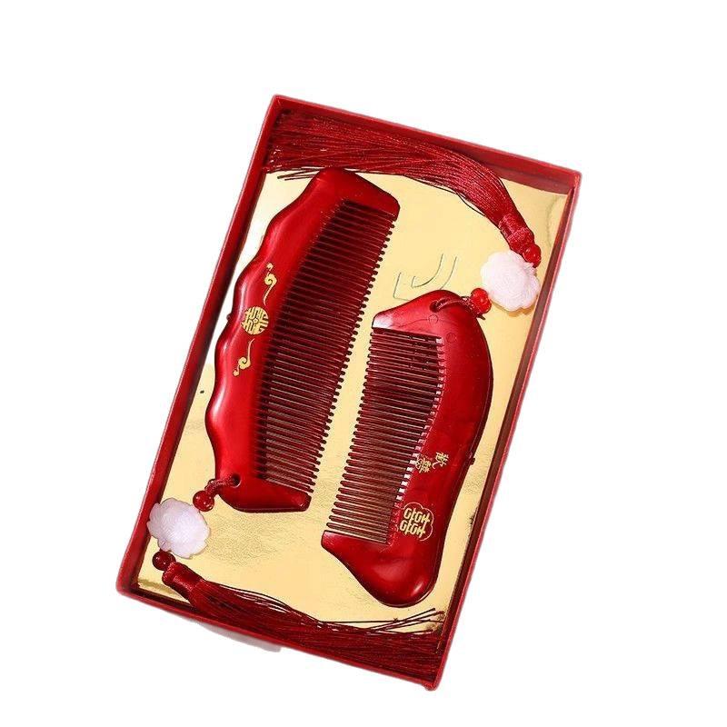 Бордовый Деревянный Свадебный Набор Расчесок с Зеркалом - Подарочная Коробка для Приданого Невесты