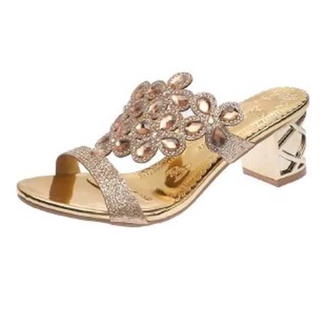 Летние сандалии, женские тапочки, роскошные женские туфли на высоком каблуке со стразами, тапочки на массивном каблуке с ромбовидными шипами