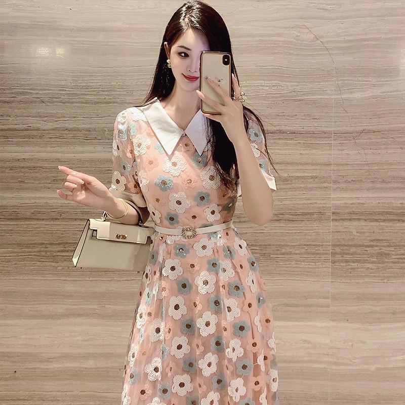 Новое модное розовое платье 2024, летнее платье с вышивкой и милыми цветочными пайетками для женщин, элегантное модное сетчатое платье длиной до колена