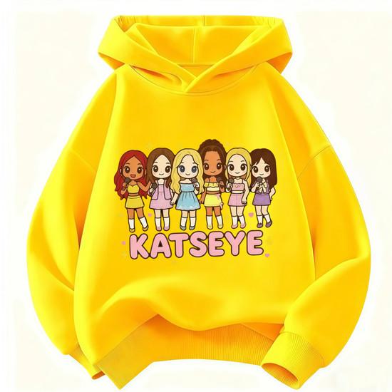 Детская толстовка с капюшоном KATSEYE с мультяшным персонажем, толстовка с длинным рукавом и капюшоном для девочек, пуловер с групповым принтом, повседневные уличные топы для детей