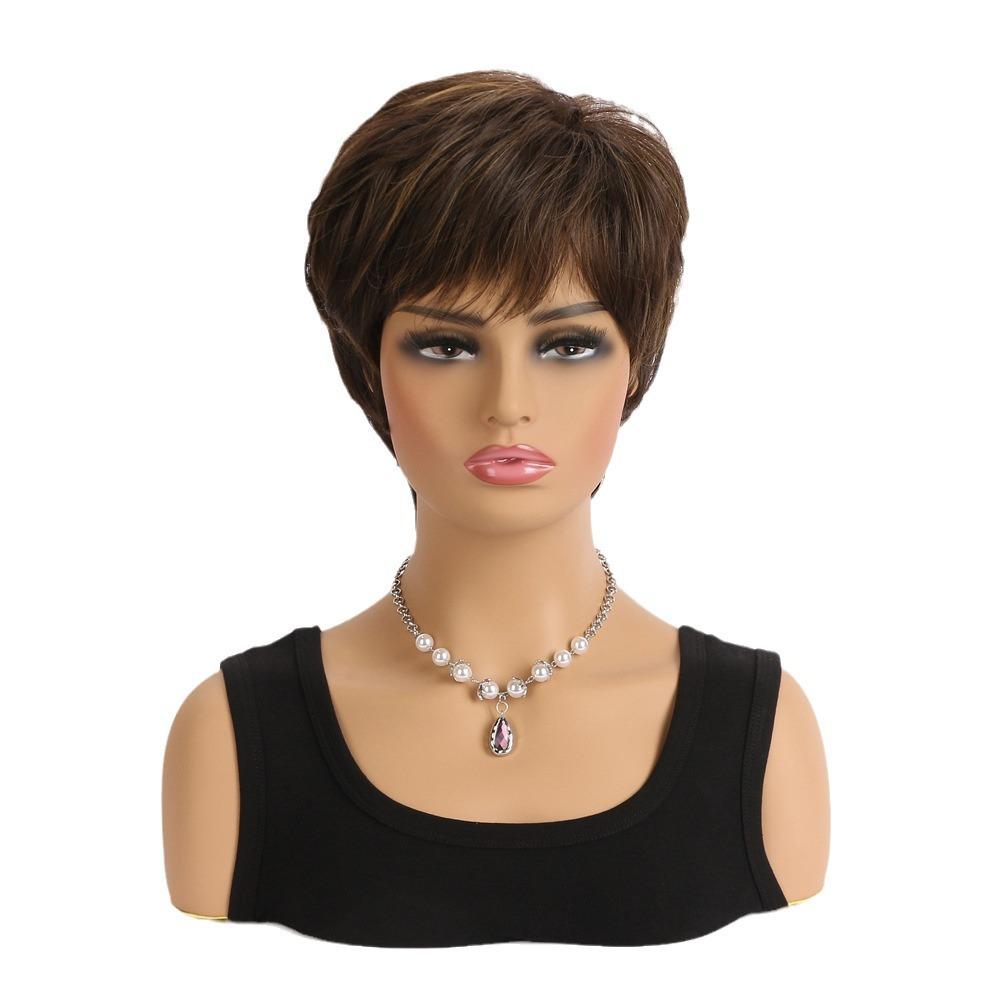 European and American Women's Front Lace Heat Resistant Fluffy Wig Fashion Daily Use Natural Looking Short Straight Synthetic Fiber Brown Wig