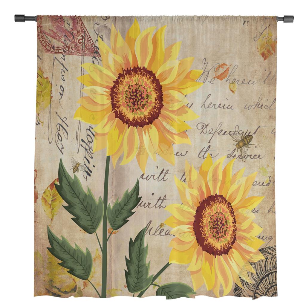 Retro Shabby Sunflower Sheer Curtains for Living Room Decoration Window Curtains for Kitchen Tulle Voile Organza Curtains