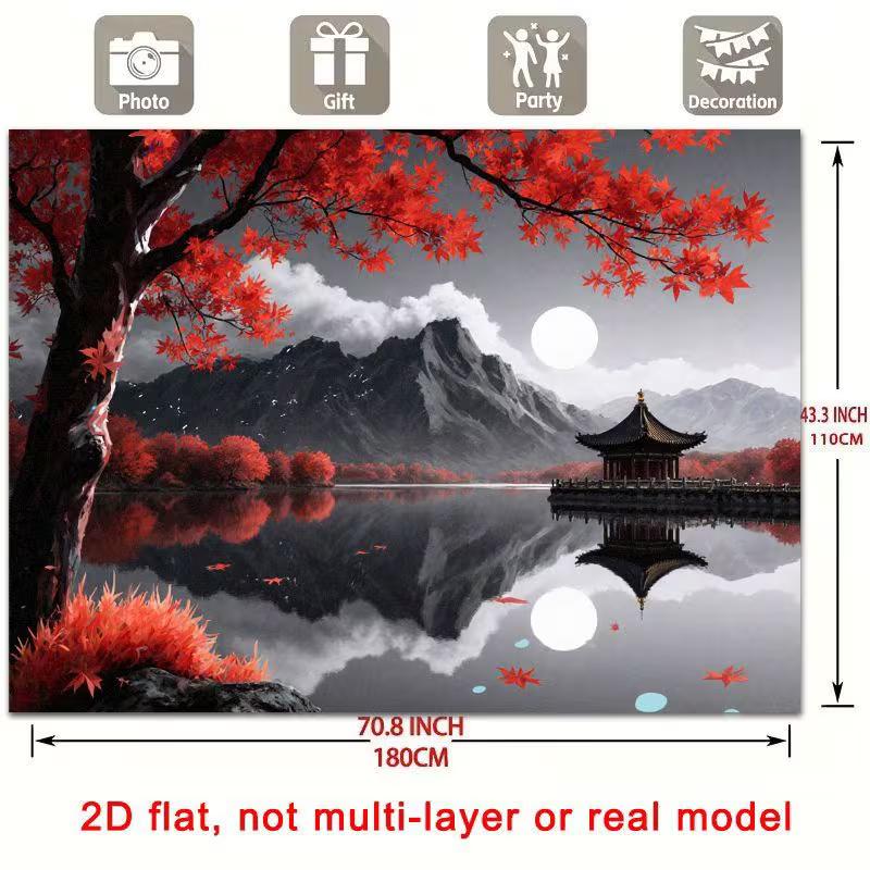 2D Flat Printed Red Maple Japanese Pavilion Background Cloth