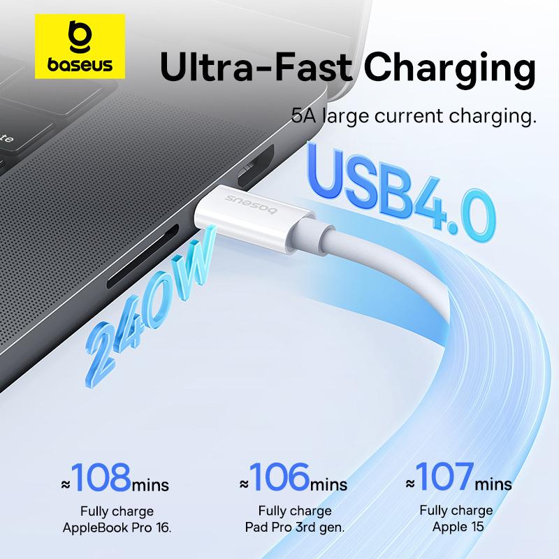 Baseus Elite USB-C Cable: 240W Power, 8K 60Hz Video Transfer, 1M Length, White - Superior Charging & Data Sync