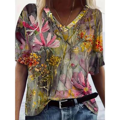 Яркая футболка с цветочным принтом, с коротким рукавом и V-образным вырезом - Женские повседневные футболки для весны и лета - Удобные,