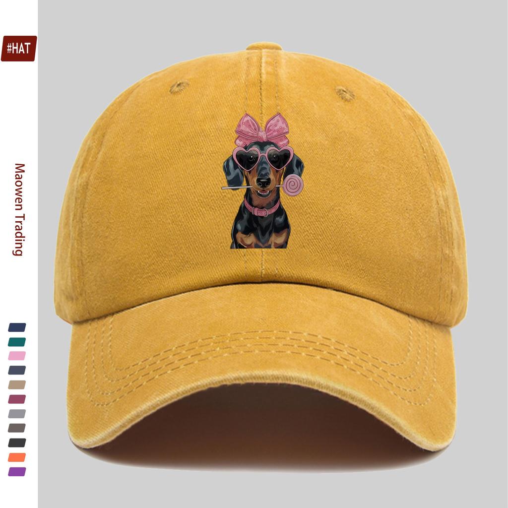 pc Cute Dachshund Pattern Printed Baseball Cap with Pink Bow Design Sun Hat Comfortable Lightweight Trucker Style Decor Hat A