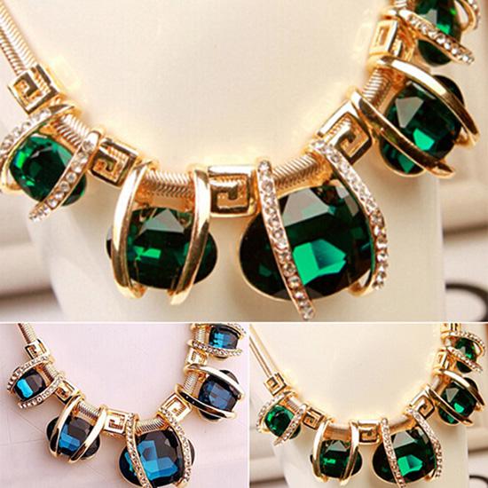 Fashion Women Crystal Pendant Golden Chain Choker Beauty Statement Bib Necklace ARI