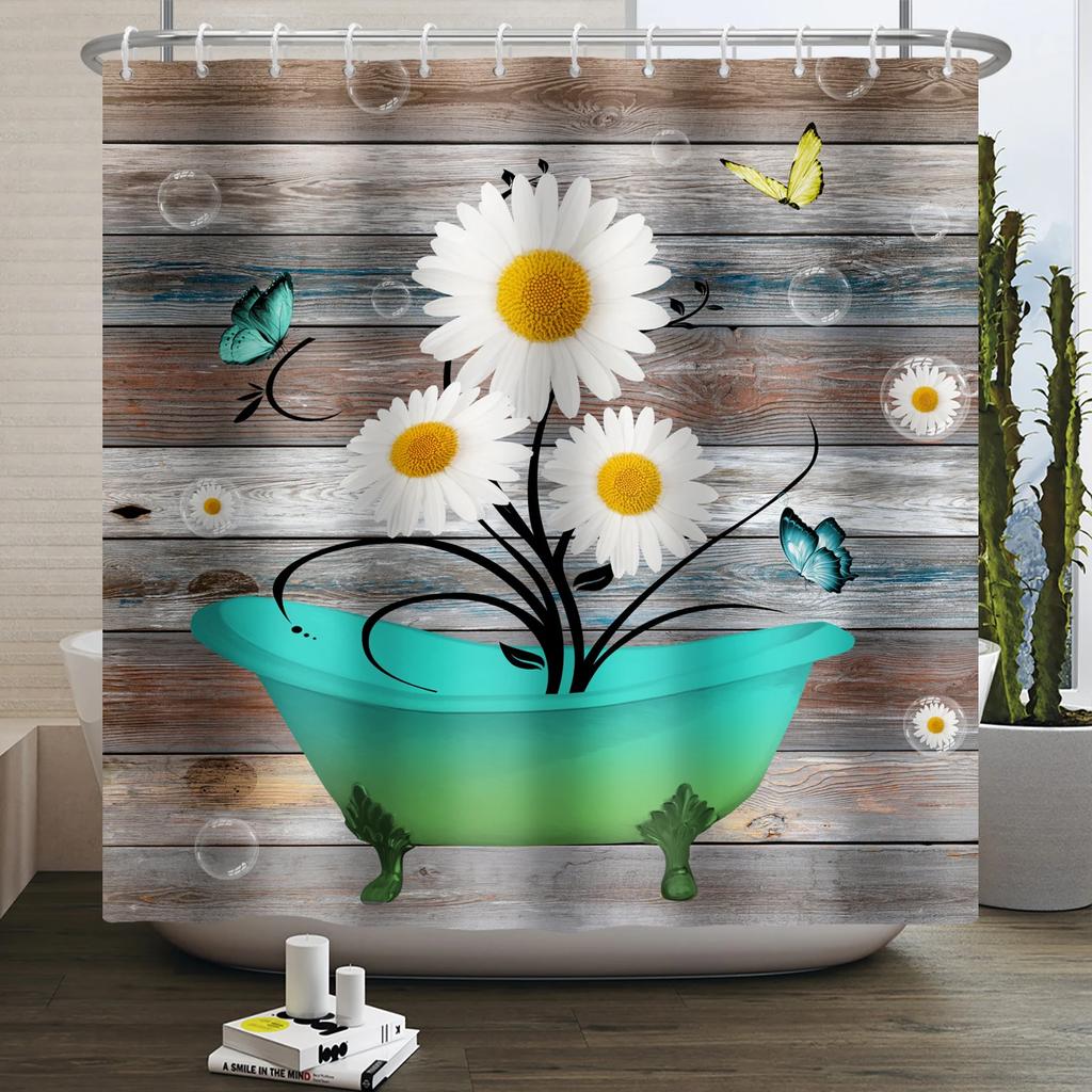 Деревенская занавеска для душа с подсолнухами и ромашками, бабочки, цветочный винтажный кантри фермерский дом, цветок, деревянная доска, водонепроницаемая занавеска для ванной