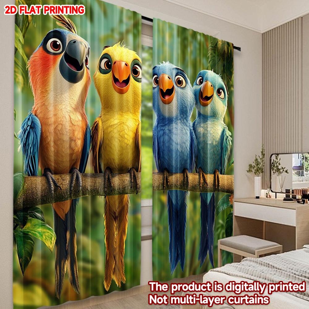 2D flat printing 2pcs Curtain Curtains Four Colorful Singing Parrots Digital Printed Polyester Drapes Birthday Party Perfect for