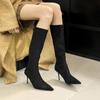 European and American niche temperament suede high-heeled boots 2025 autumn and winter new pointed thin heels but knee zipper tall tube