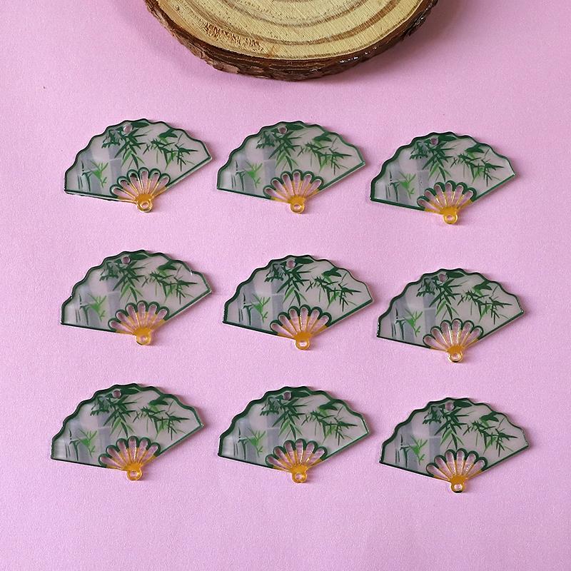30Pcs/Pack Chinese Vintage Bamboo Fan Acrylic Connector Charms Bulk Wholesale Calligraphy Art Pendant For Earring Jewelry DIY