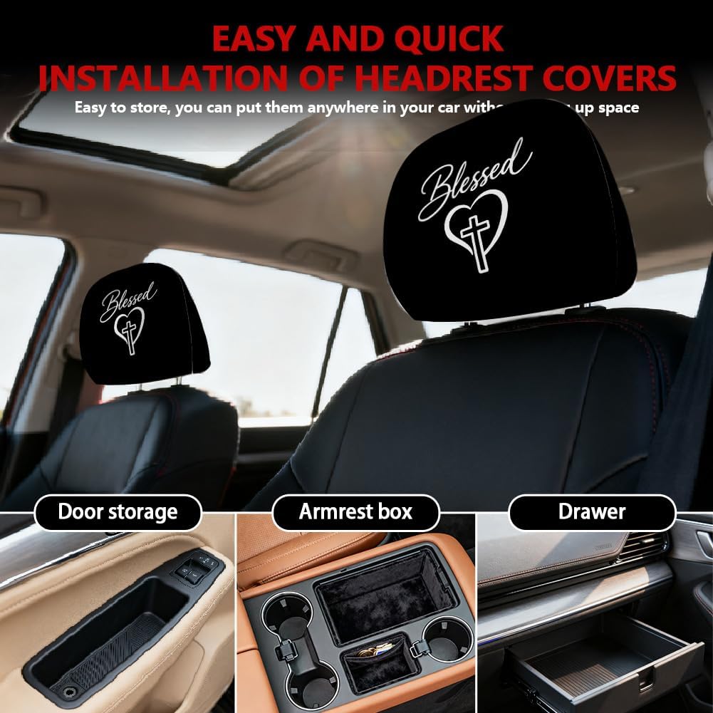 2PCS Cross Blessed Car Headrest Cover Elastic Car Seat Headrest Protector Universal Washable Auto Head Rest Pillow Cover for SUV Sedan Van Truck