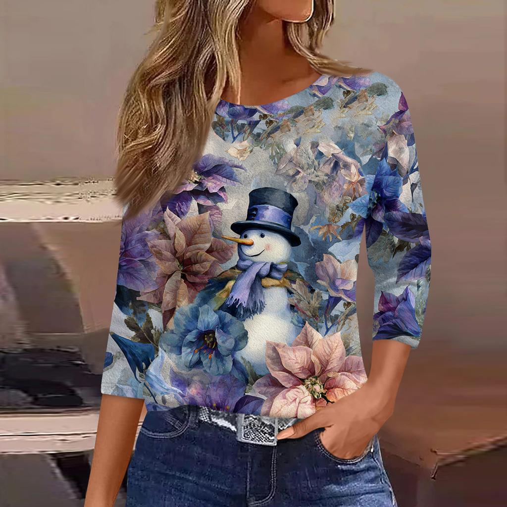 3/4 Length Sleeve Womens Tops Floral Print Vintage Fashion Casual Loose With Round Neck Plus Size Shirts