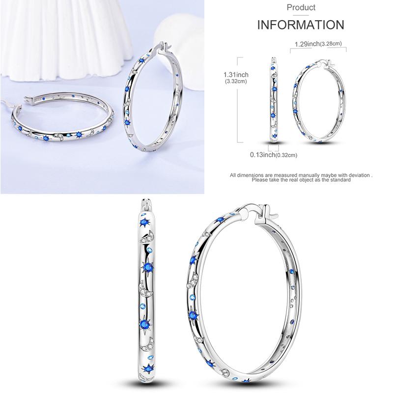 Sparkling Women Hoop Earrings 925 Copper Heart Shape Star Moon Round Blue Zircon Fit Origina Drop Earrings Zircon Holiday Gifts