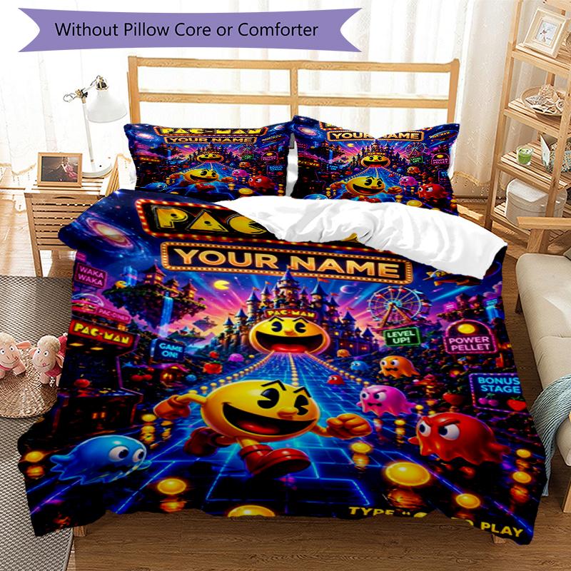 3pcs Custom Name Pac-Man Adventure Printed Bedding Set Duvet Cover Closure Includes 1 Duvet Cover & 2 Pillowcases, Soft and Comfortable for All Season