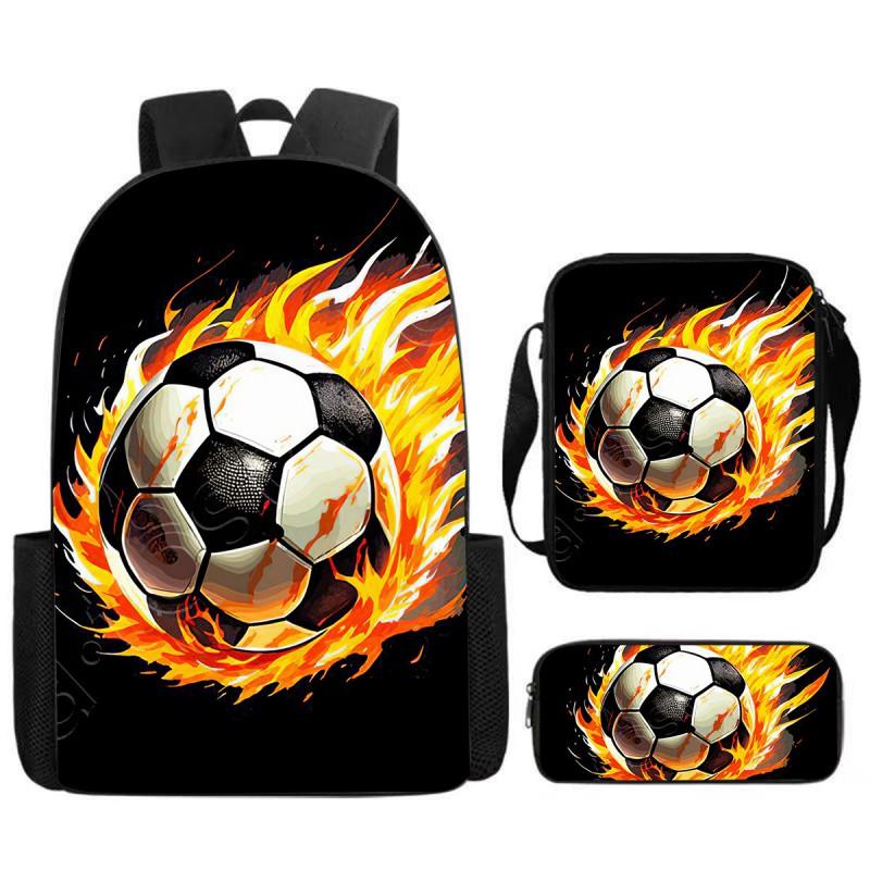 Kids Football Print Backpack Set Elementary School 3-Piece Shoulder Bag Pencil Case Crossbody