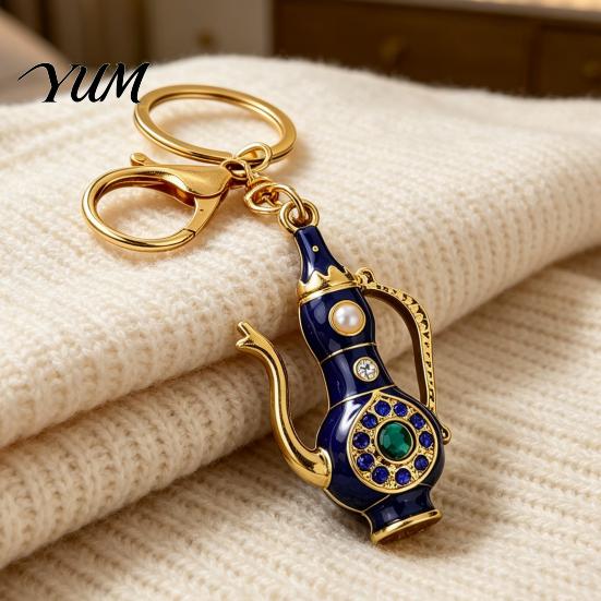 Rhinestone Key Charm Retro Teapot Keychain with Rhinestones, Ethnic Style Pitcher Vintage Pot Ring, Decorative Pendant for Handbags Backpacks Car Keys