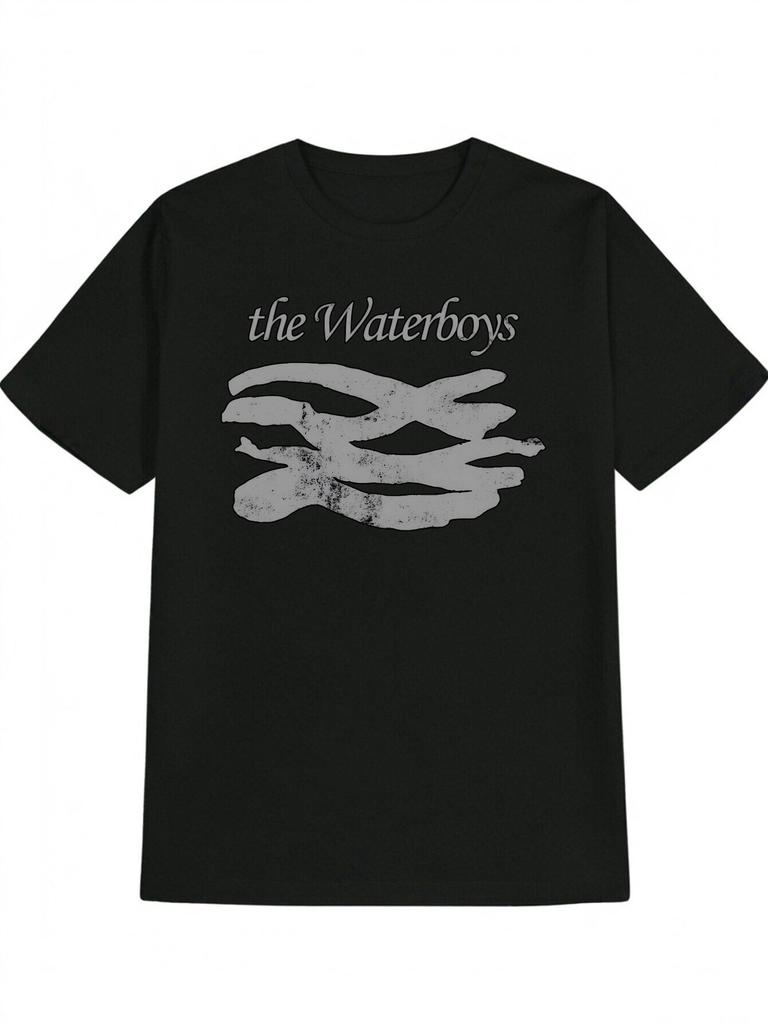 Casual Crew Neck T-shirt with "the Waterboys" Abstract Wave or Fishbone Print - Soft Polyester Blend
