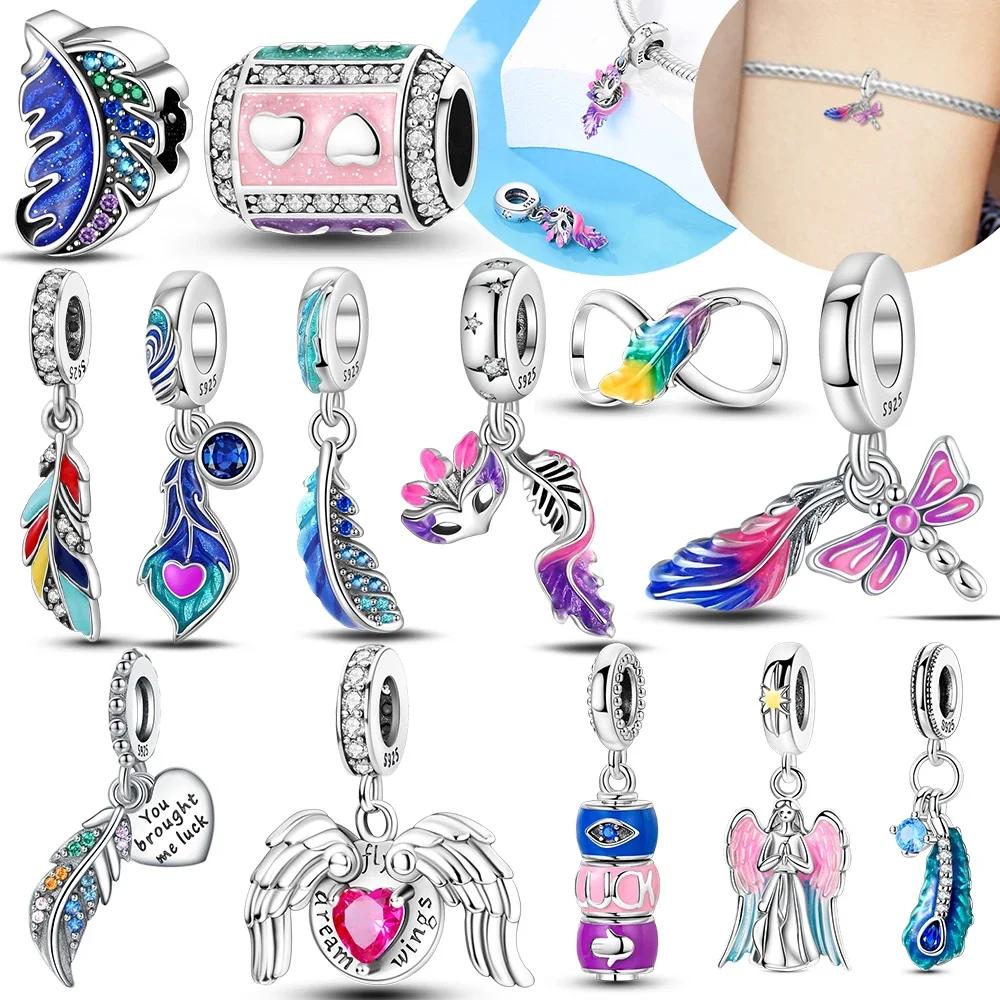 Elegant Colorful Wing Mask Leaves Feathers Pink Angel Original Beads Fit Bracelet Copper Women Diy Birthday Gift Accessory