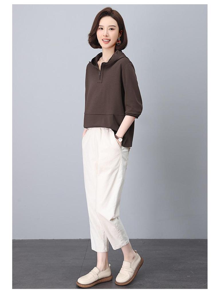 Trendy Hooded Sweatshirt for Middle-Aged Women - Spring/Autumn Patchwork Loose Fit, Plus Size, Long-Sleeve Top