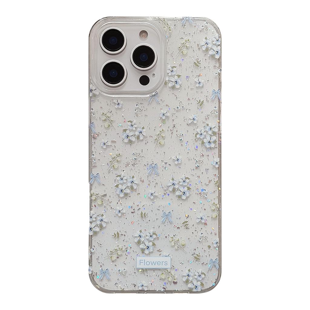 Gentle Blue Floral Suitable for Apple 16 Promax Mobile Phone Case 17 Fresh and Beautiful Iphone14 Glitter 11 Transparent