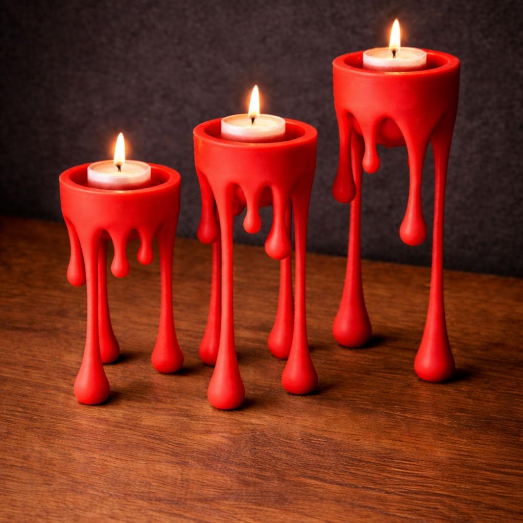 A modern candlestick in the form of "flowing wax" in red.
