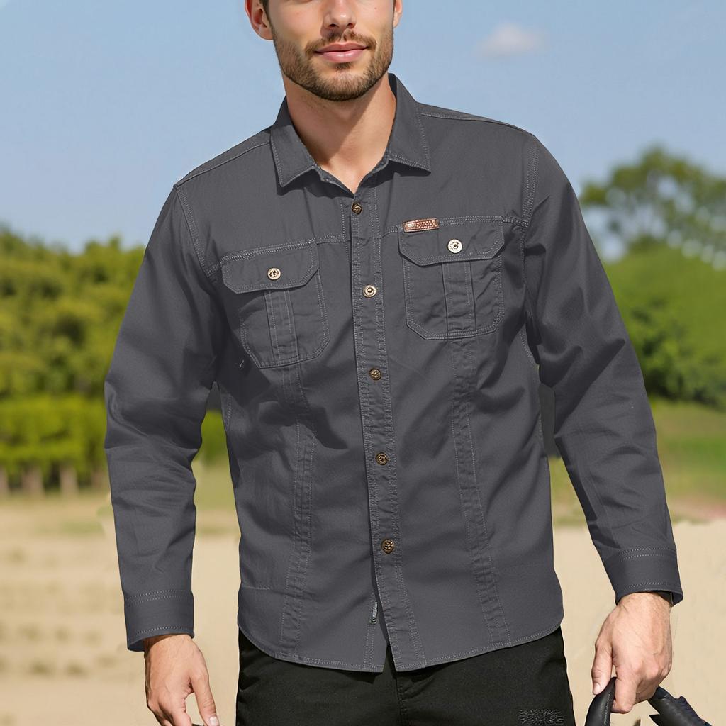 Мужская рубашка с двойными карманами, повседневный топ с длинным рукавом, модный кардиган