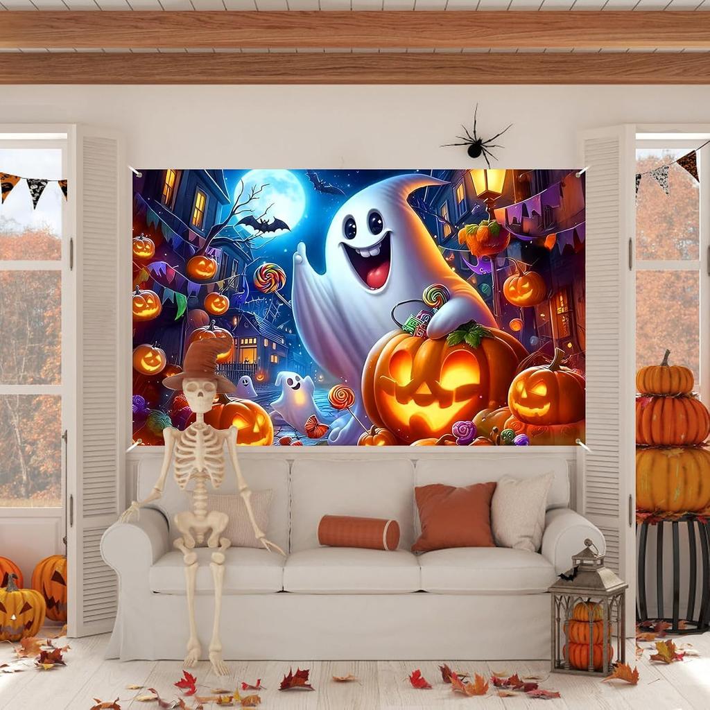 72x43In Halloween Ghost Pumpkin Photo Backdrop Spooky Party Wall Banner Decor