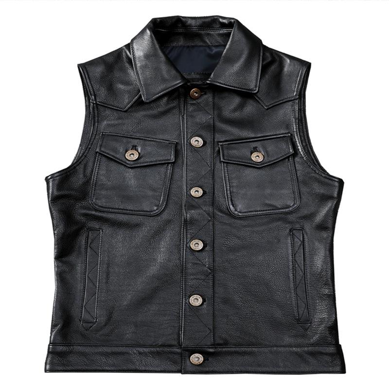 Tough Guy Motorcycle Leather Vest Pure Head Layer Cowhide Leather Vest Lapel Short